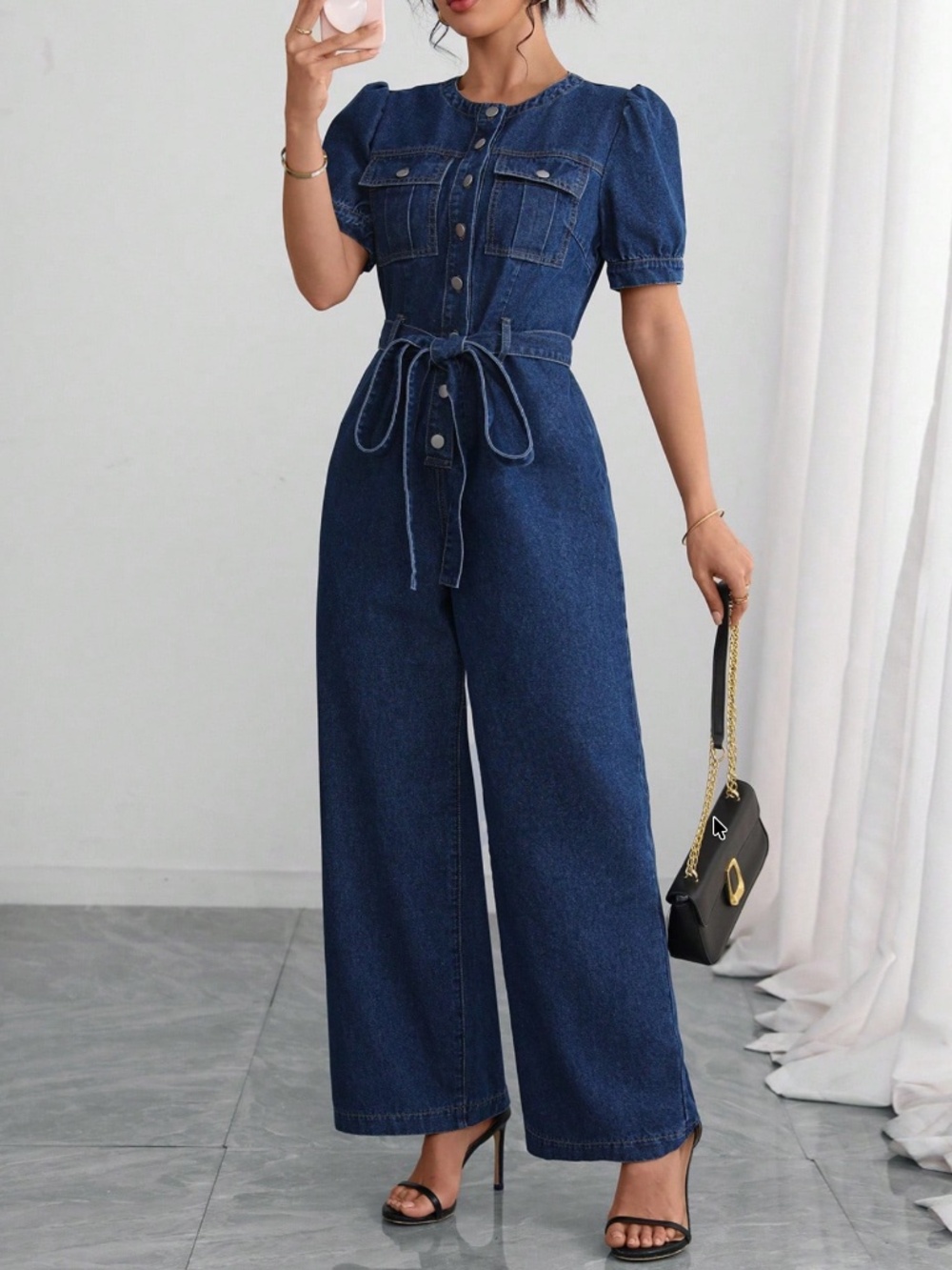 Dark Wash Button Down Puff Sleeve Belted Denim Wide Leg Jumper Jumpsuit